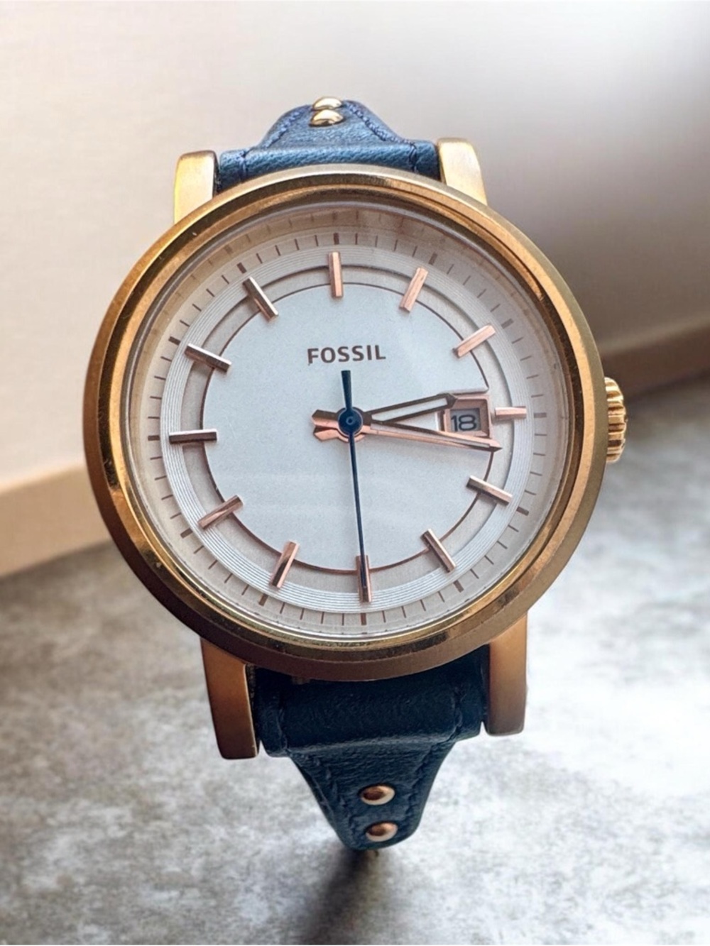 Fossil ES3909 Rose Gold Watch Navy Leather Strap Date Minimalist